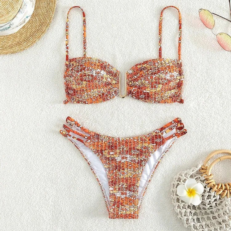 Women's floral bikini swimsuit with high-waisted briefs in blue, orange, pink, or rose red colours