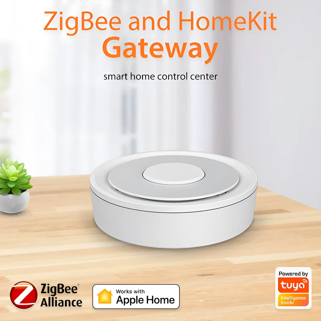 White ZigBee smart home gateway with dimensions 78mm x 78mm x 25mm