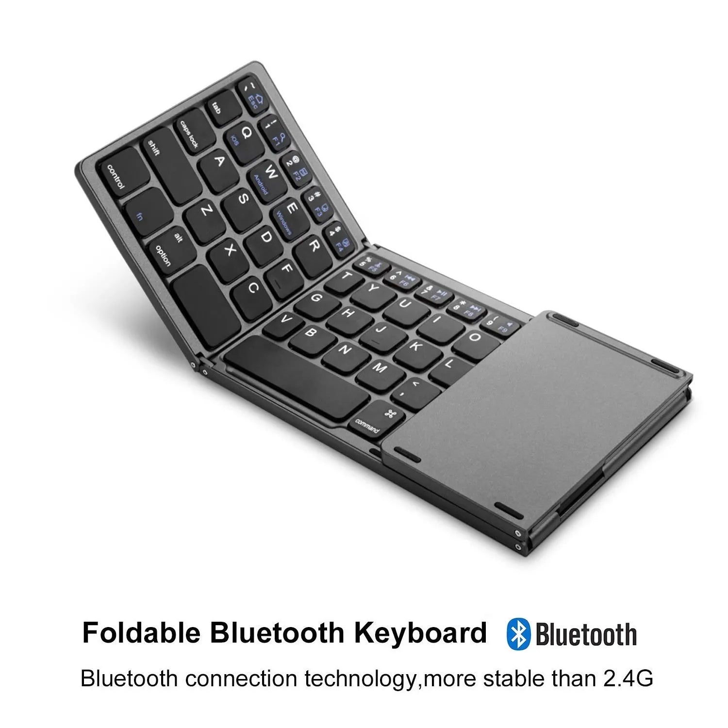 A closed black tri-fold Bluetooth keyboard next to a smartphone, showing its slim 0.8cm profile.
