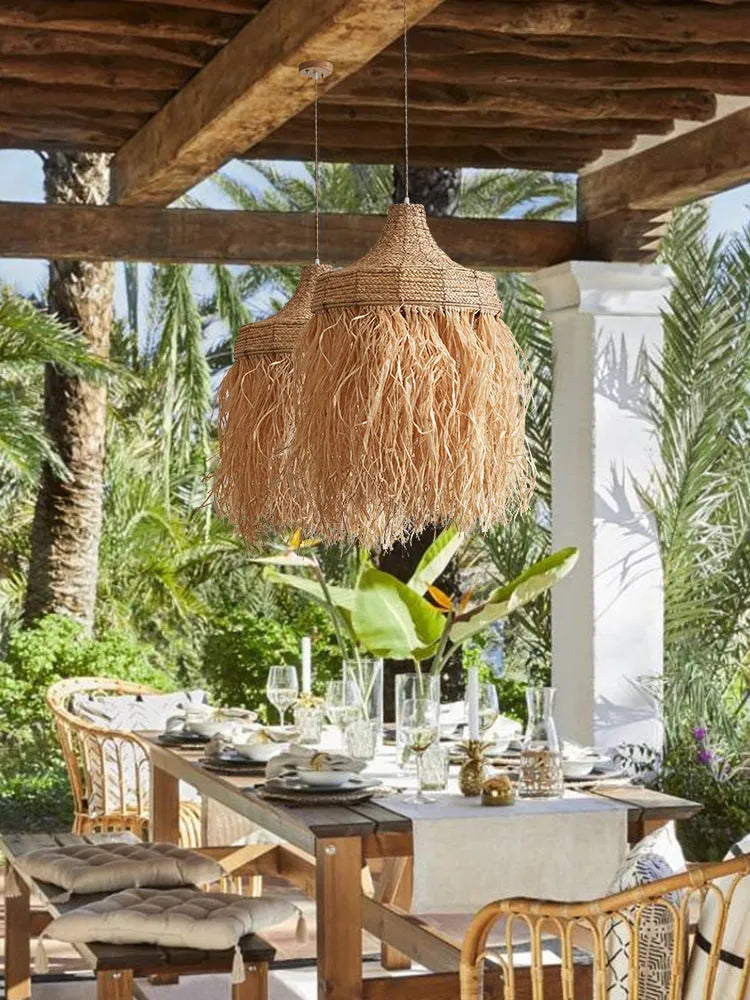 Southeast Asian style pendant light with a 50cm woven rattan and willow shade