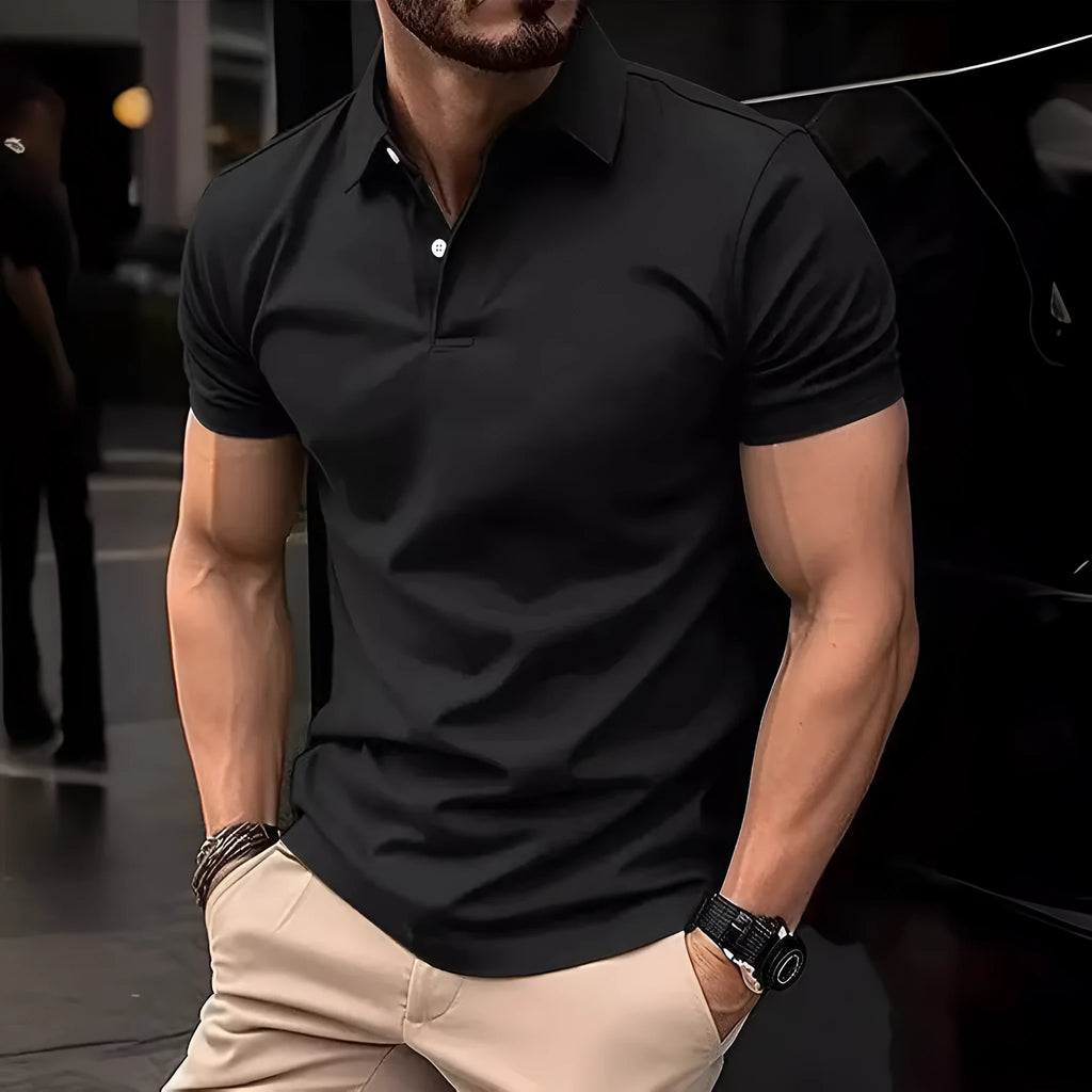 Men's slim fit casual short sleeve button-up shirt in a solid colour on a hanger.