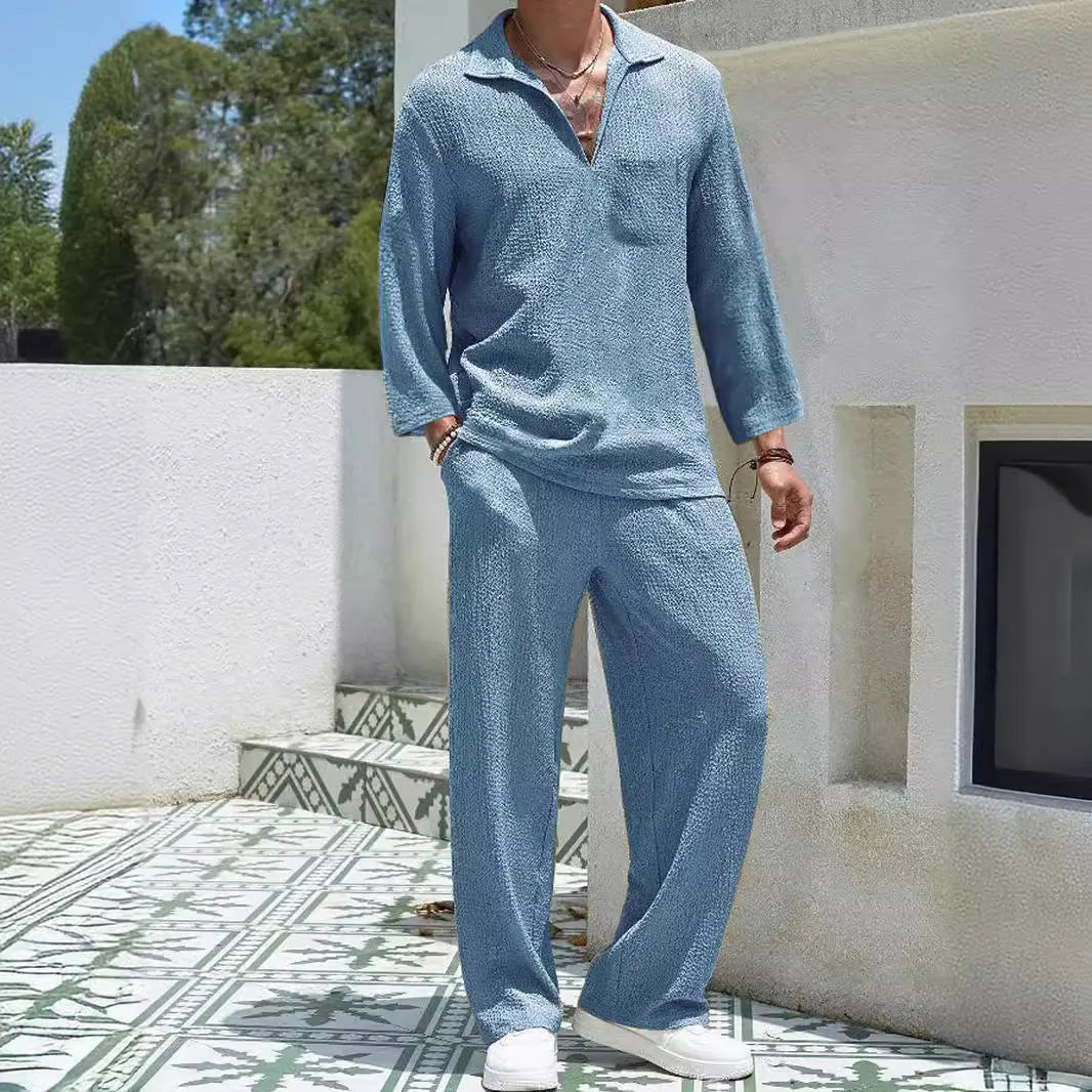 Men's casual shirt trousers suit in polyester fabric available in four colours for autumn leisure wear