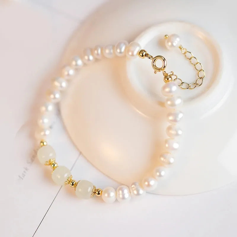 Korean-style freshwater pearl bracelet with diamond-shaped pearls in Hetian jade electroplated colours