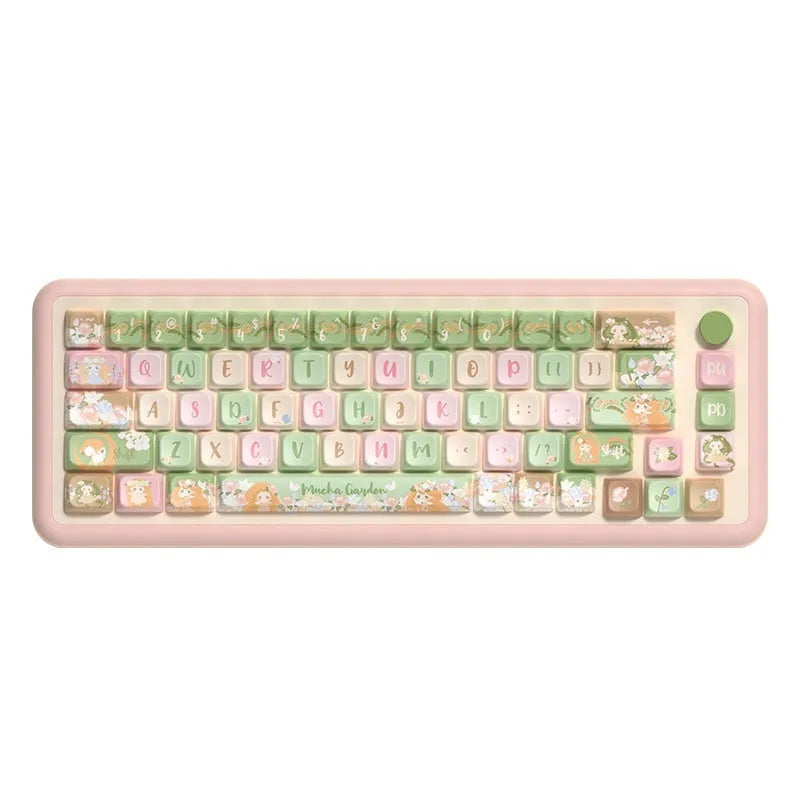 Garden-themed mechanical keyboard key cap set showing botanical designs on multiple keys
