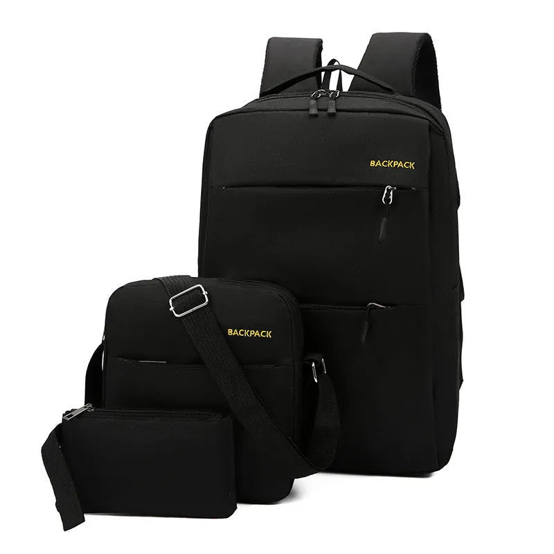 Men's USB charging computer bag three-piece set in black nylon with multiple compartments and air pillow belt