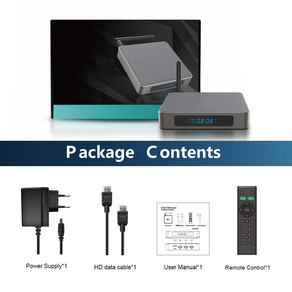 Android TV set-top box with remote control, HDMI cable, and power supply on a white background