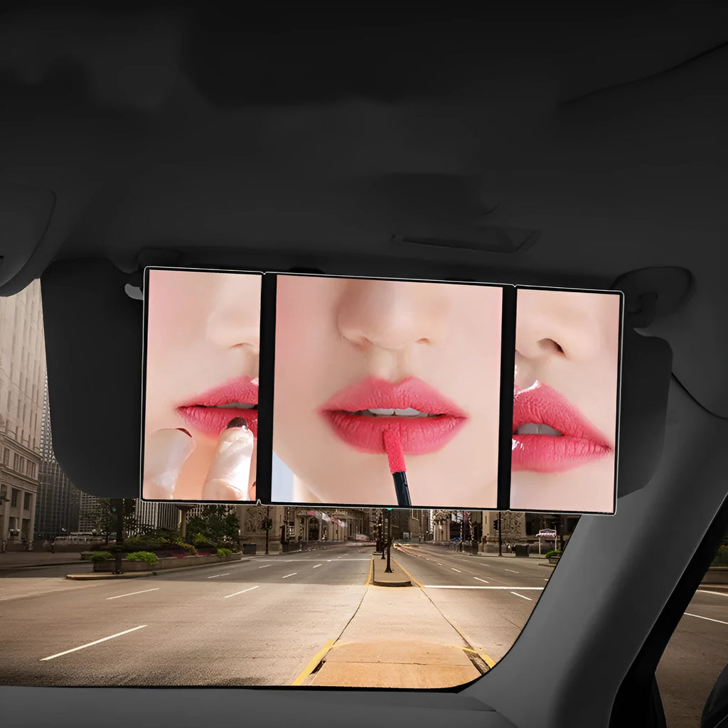 Silver folding car grooming mirror showing open and closed positions with ABS frame