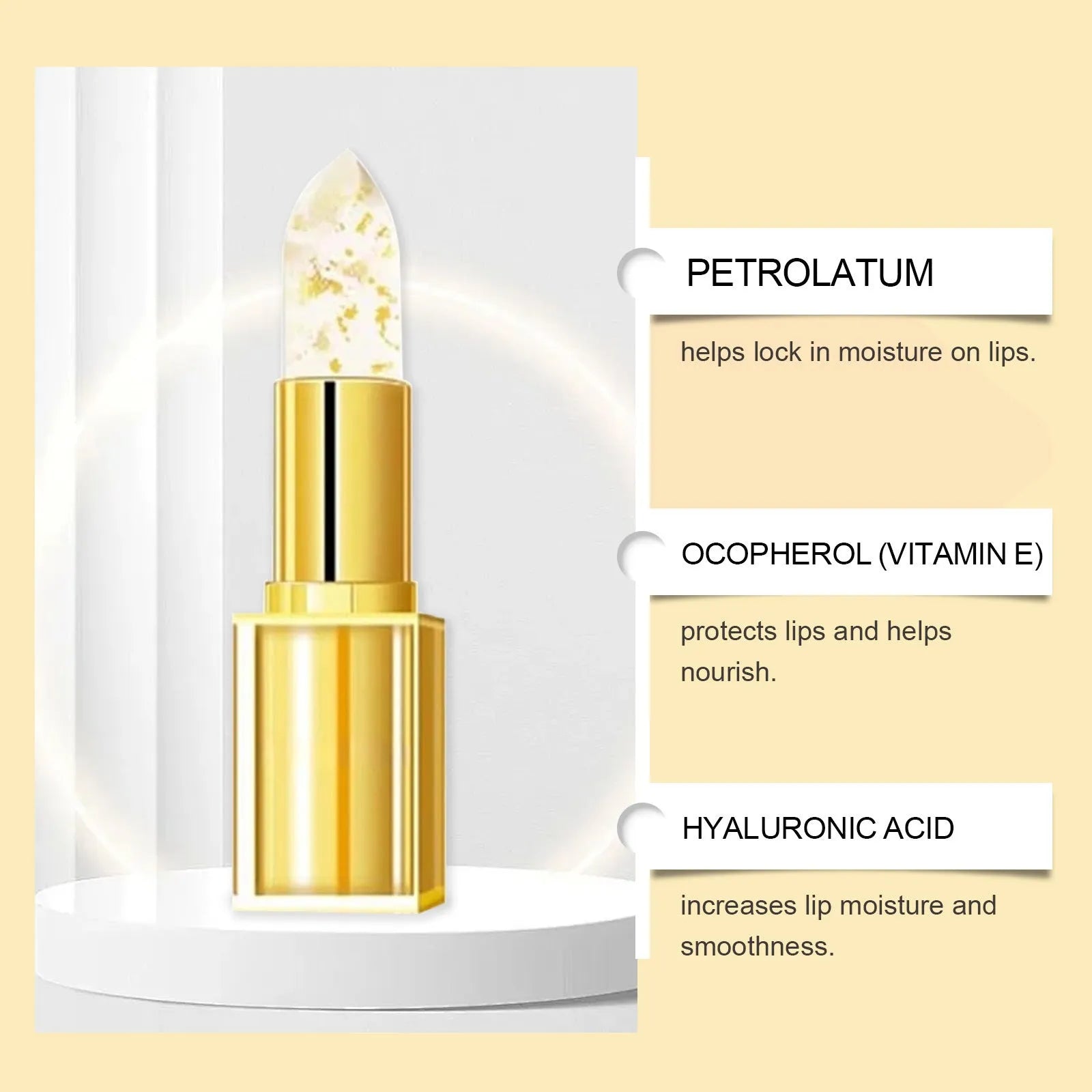 Gold foil nourishing lipstick stick with 3.5g net content in protective tube packaging.