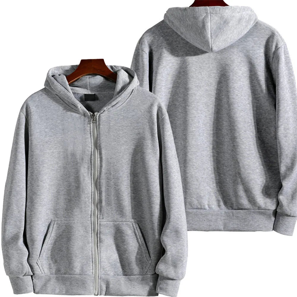 Men's solid colour loose fit zip-front sports jacket on a hanger.