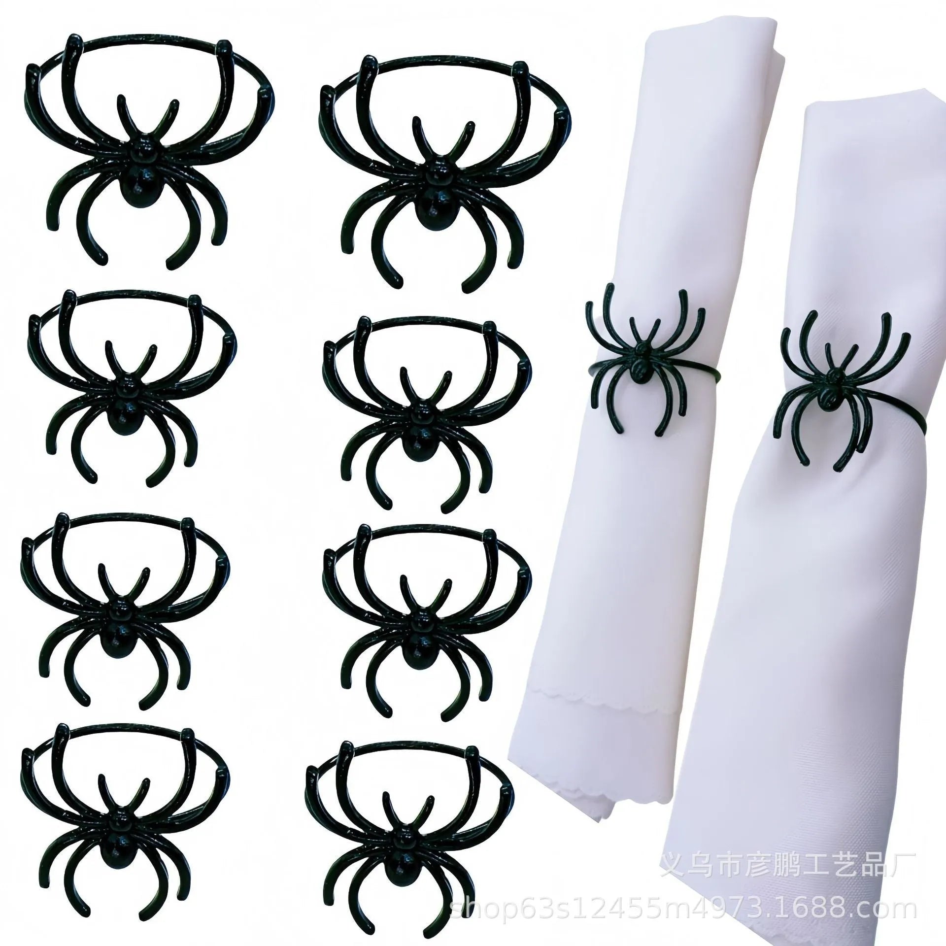 Set of six black alloy spider-shaped napkin rings for Halloween table decoration