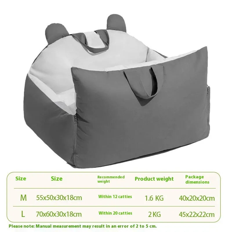 Four Seasons removable washable dog car kennel in beige, shown in size L dimensions 70x60x30cm.