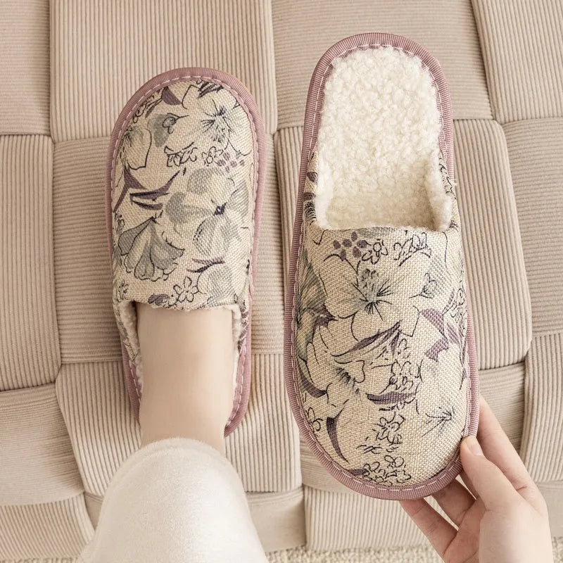 Household cotton slippers with linen surface in floral pattern colours and PVC sole