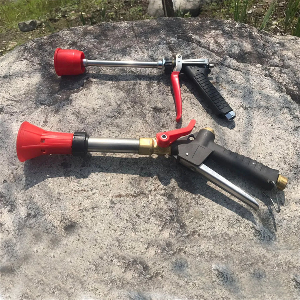 Adjustable high-pressure agricultural spray gun in submachine gun style, made from plastic.