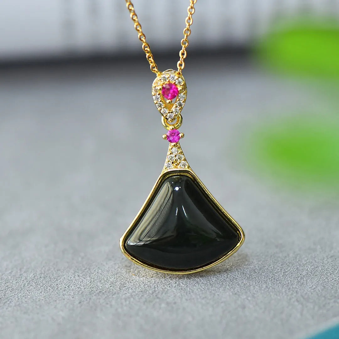 Flat grey Hetian jade pendant with copper wire inlay on an 18-inch chain.
