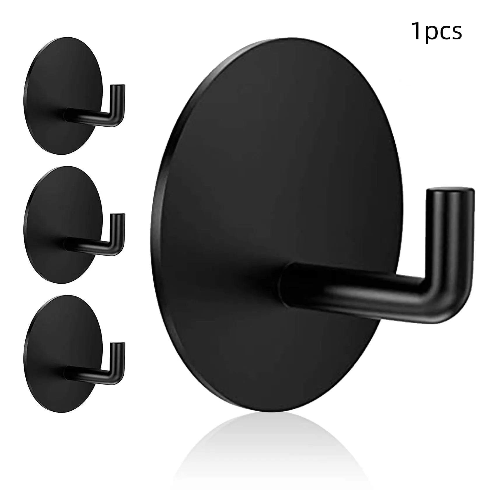 Stainless steel self-adhesive hook with a round design for bathrooms and kitchens, shown in black and polished finishes.