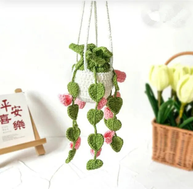 Green and white knitted car plant decoration with hanging rope on 8cm plastic base