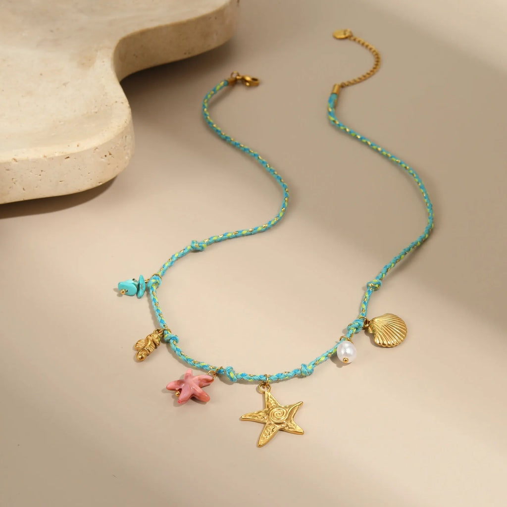 Titanium steel necklace with handmade colour braided rope and electroplated heart-shaped pendant