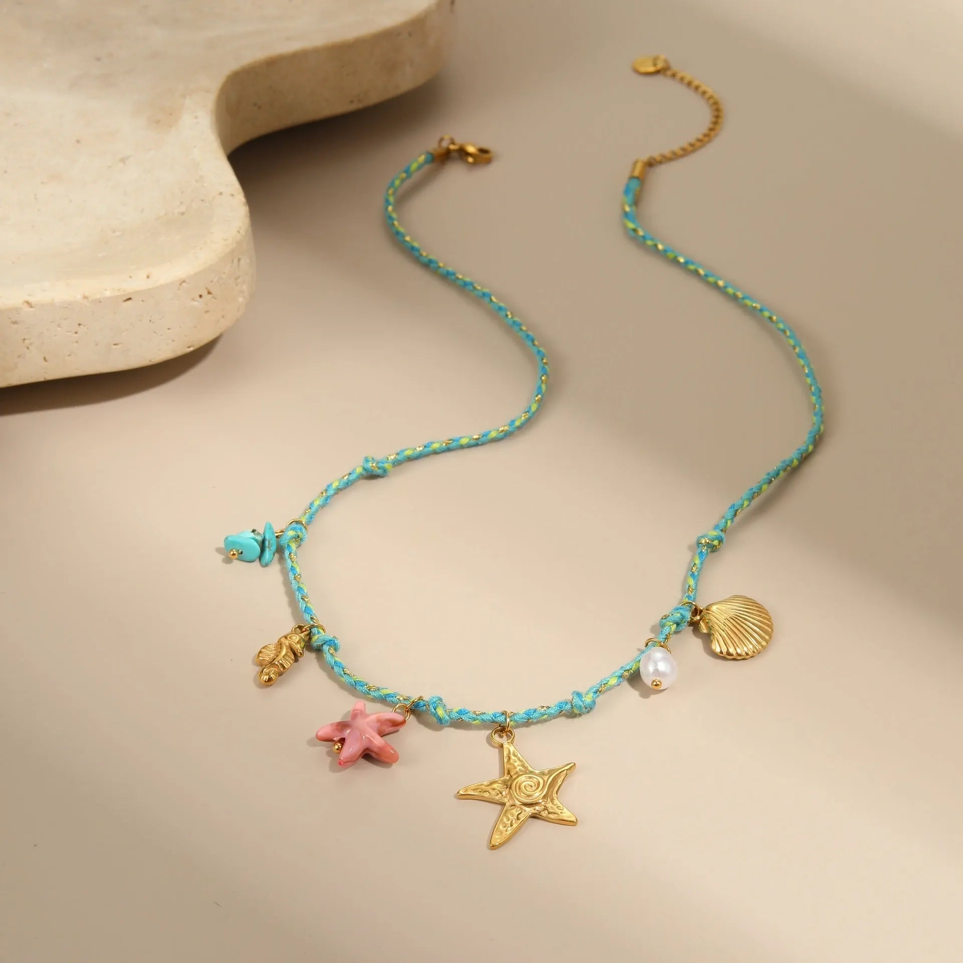 Titanium steel necklace with handmade colour braided rope and electroplated heart-shaped pendant