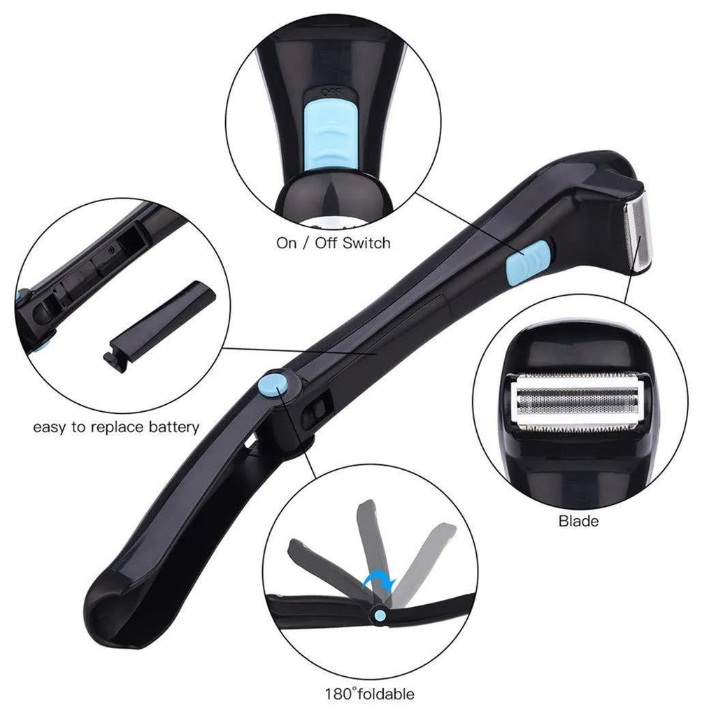 Black folding dry battery electric shaver for body hair removal on a white background.