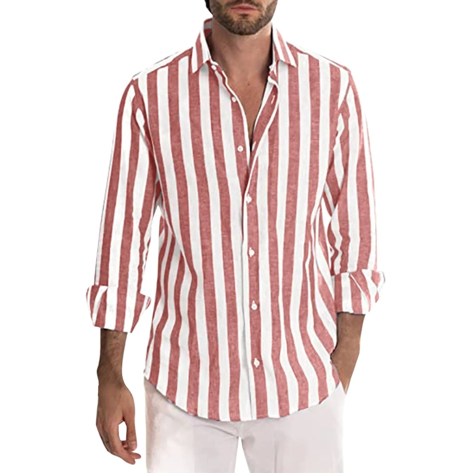 Men's yarn-dyed striped casual shirt with loose British style cardigan fit in polyester fabric