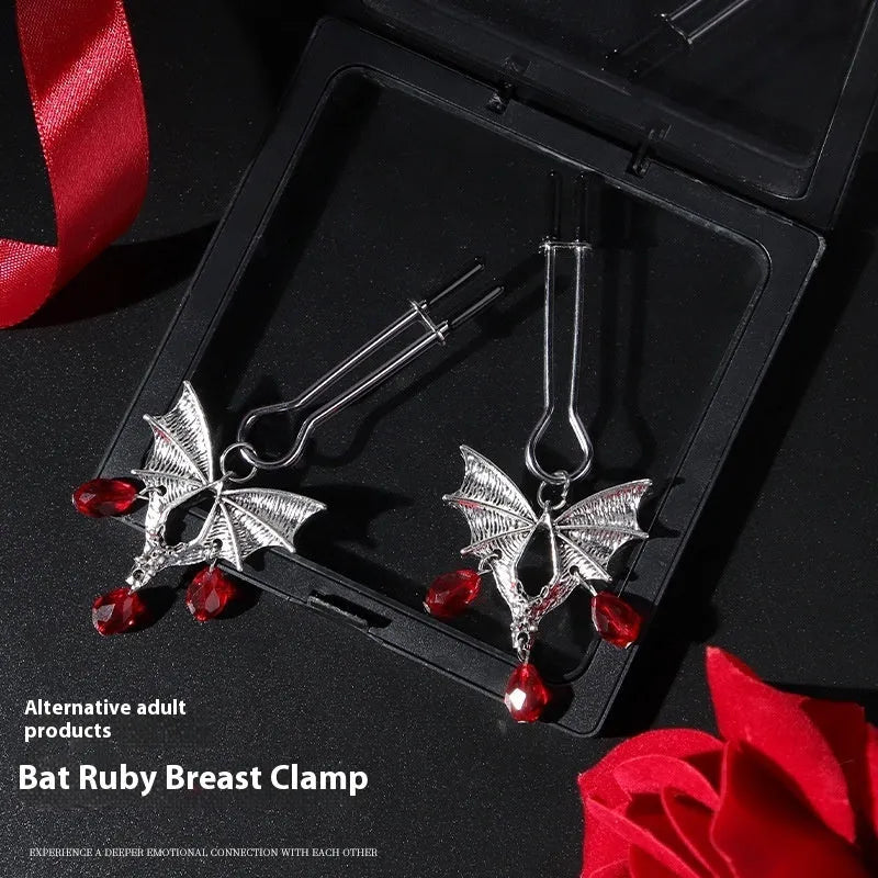 Adjustable silver alloy bat nipple clamp with ruby clip design for BDSM sensory play