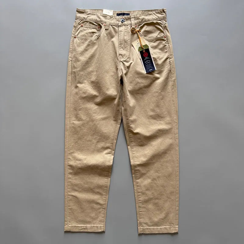 Men's straight-leg cotton casual trousers in grey, shown laid flat