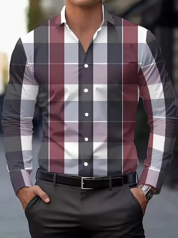Men's striped long sleeve button-down shirt in polyester, shown in one of four available colours.