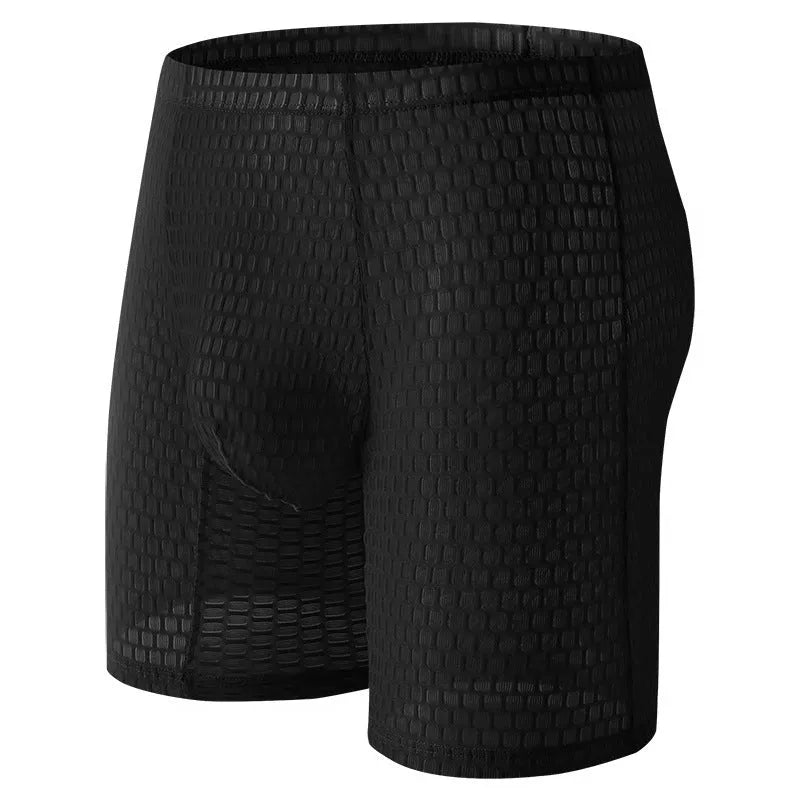 Men's solid colour lace boxer briefs with a lengthened hip-lifting design on a white background.