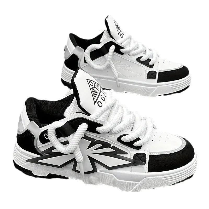 Men's white chunky sneakers with thick rubber sole and totem pattern detail on synthetic leather upper
