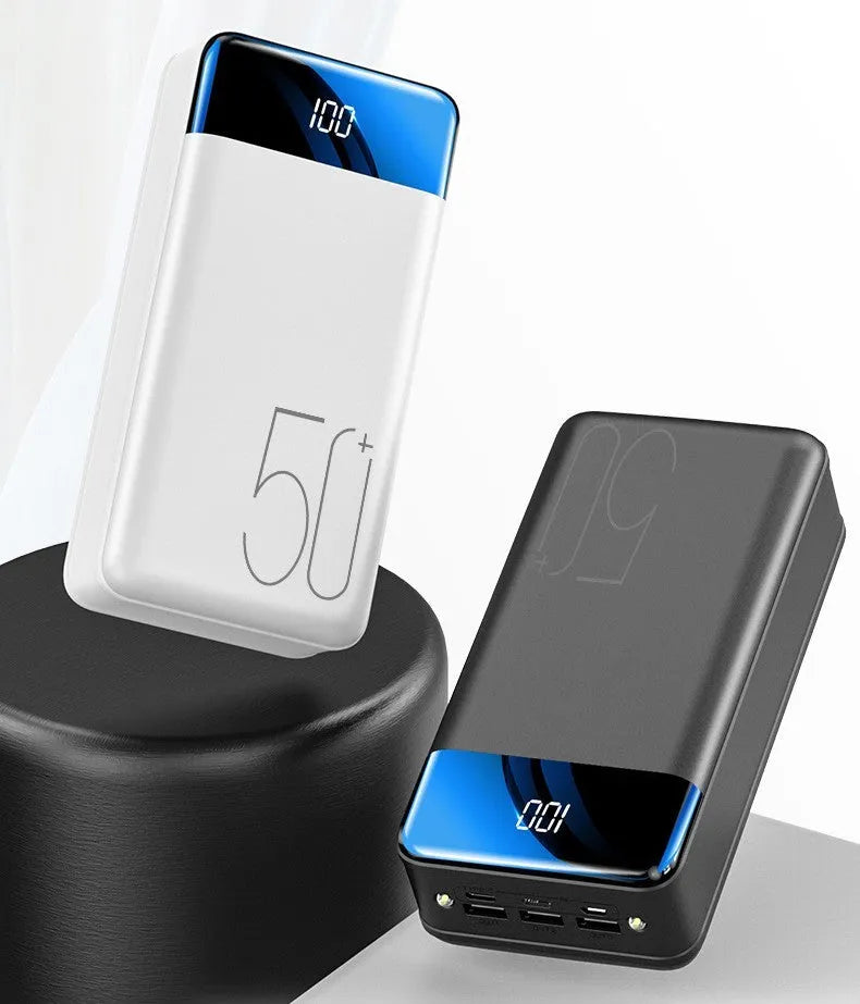 Large capacity 50000mAh power bank with three output ports and three input ports in black or white plastic case
