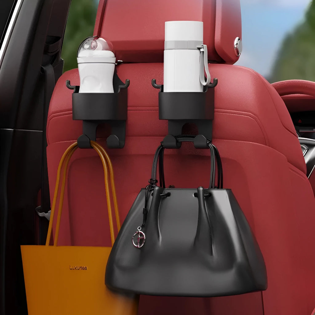 Black plastic car seat back hook with built-in cup holder for vehicle organisation