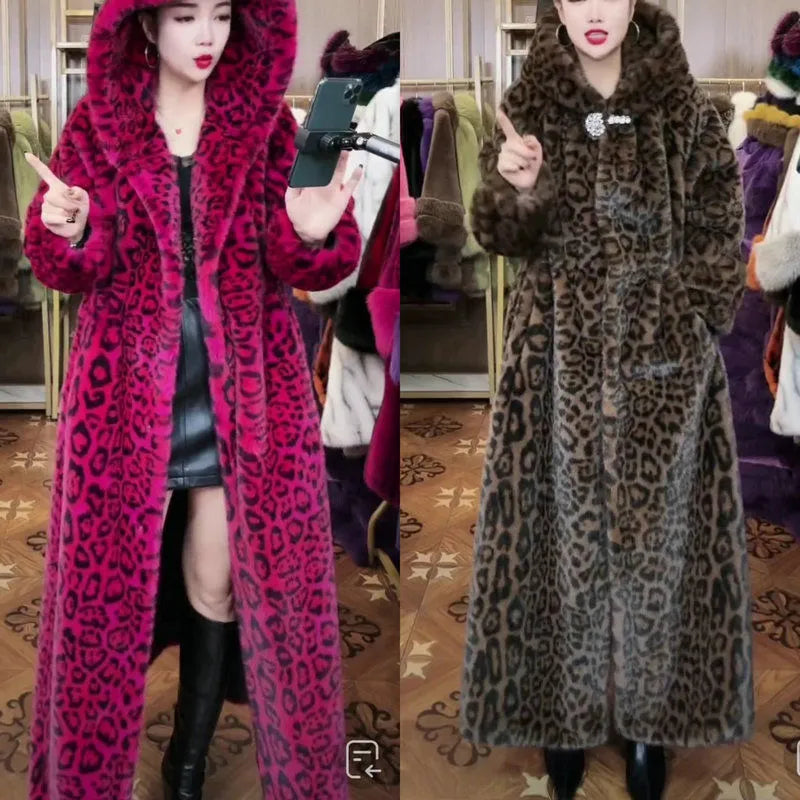Women's plus size long faux fur coat in brown leopard print with 100cm extended length