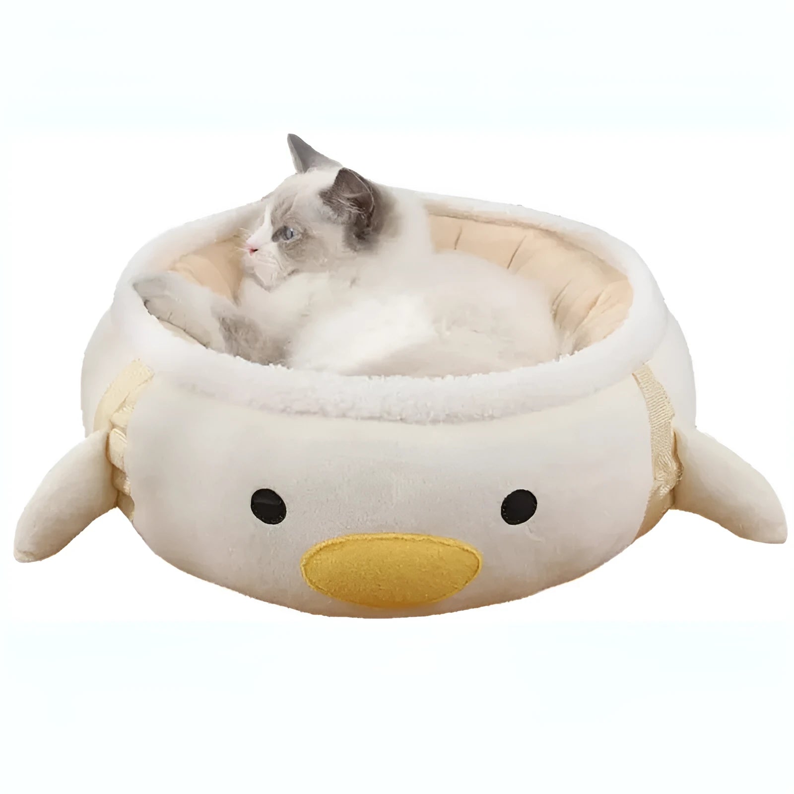 Green dinosaur and chick-shaped cat bed shown both flat as a sofa and hanging as a hammock for small pets.