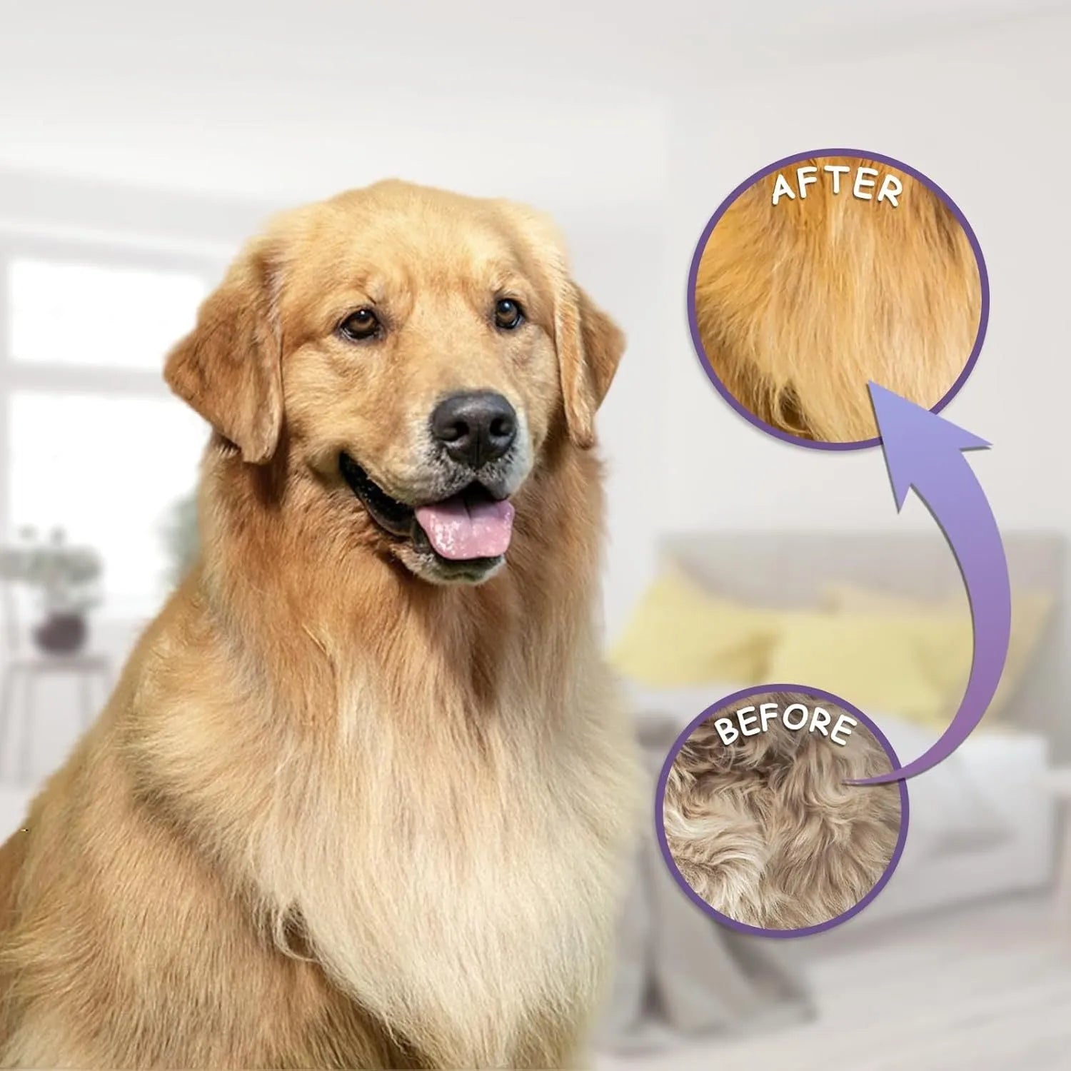 Purple pet detangling comb with stainless steel teeth on wooden surface