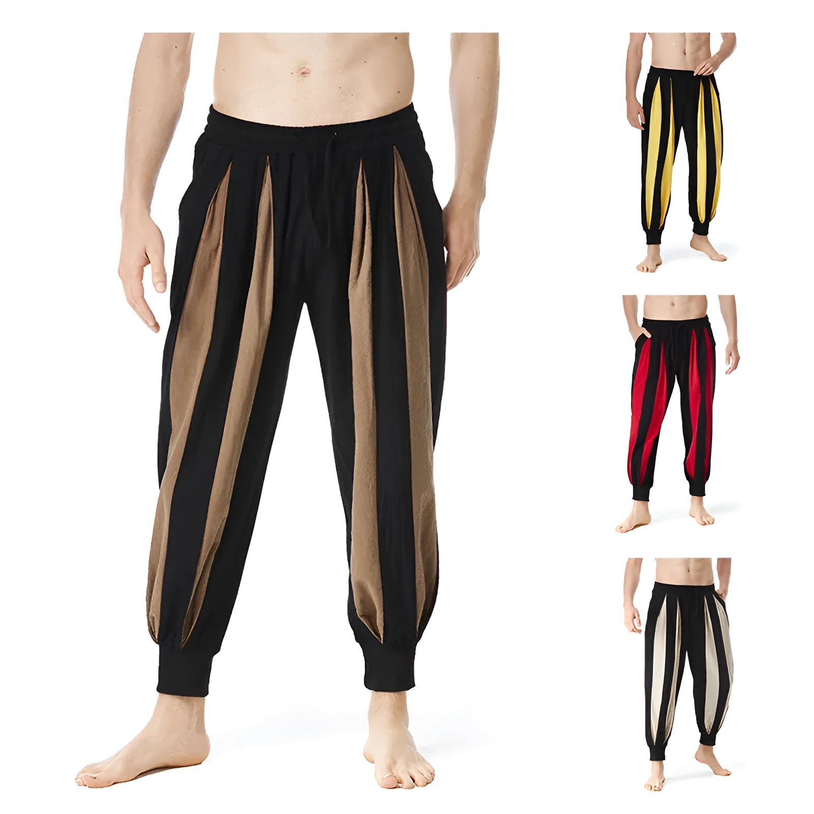 Men's straight leg casual trousers in brown, khaki, red or yellow colours with spring styling