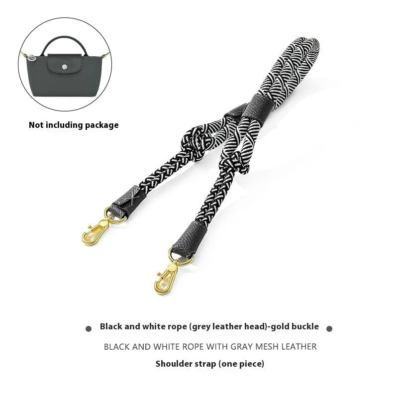 Braided nylon and cowhide leather crossbody shoulder strap with gold alloy buckle on a grey background.