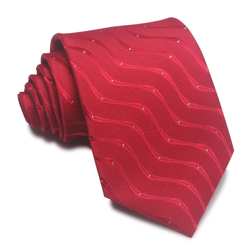 Men's red, black, and blue striped jacquard tie with an arrow shape and 8cm width.