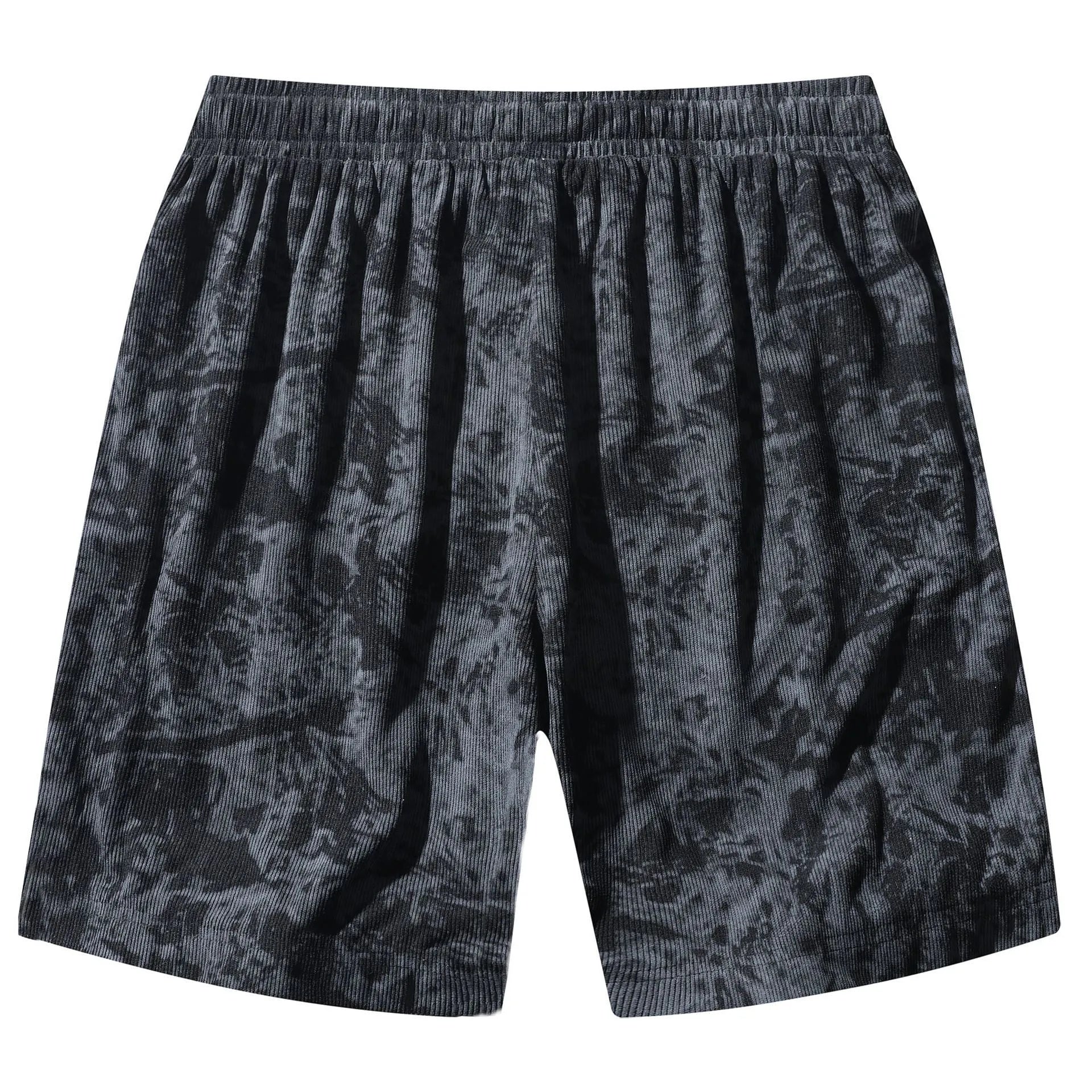 Men's camouflage pattern corduroy athletic shorts with a straight cut and high waist.