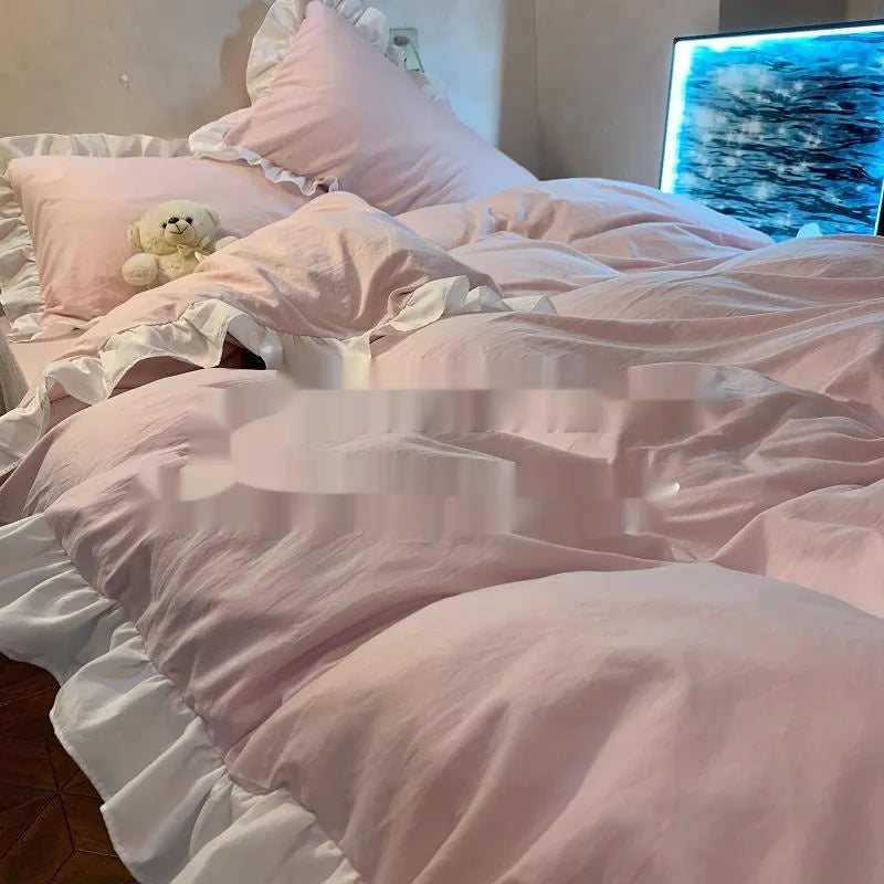 Mori style solid colour linen four-piece bedding set with quilt cover, sheet, and pillowcases.