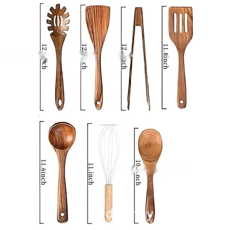 Seven-piece wooden kitchen utensil set showing spoons, spatulas and soup ladles arranged together