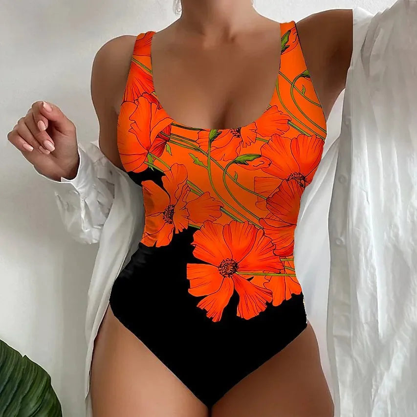 Women's one-piece swimsuit with 3D printed pattern in orange red, sky blue, or purple.