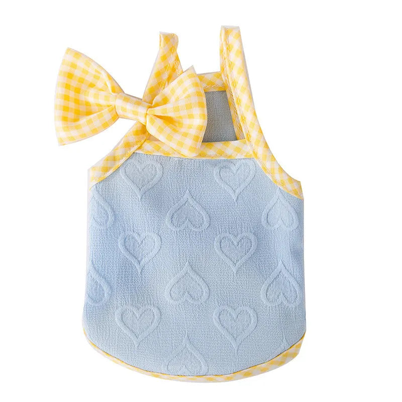 Small dog vest with heart texture and bow suspenders in blue, pink, or yellow with elastic sides