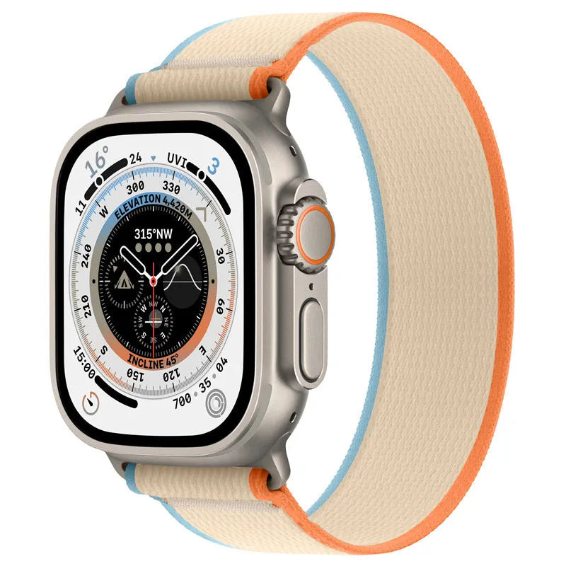Wild Diameter single ring integrated nylon watch strap for Apple Watch in multiple colour options on a grey background.