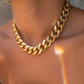 Gold tone thick chain women's necklace with 32cm length and 6cm pendant drop