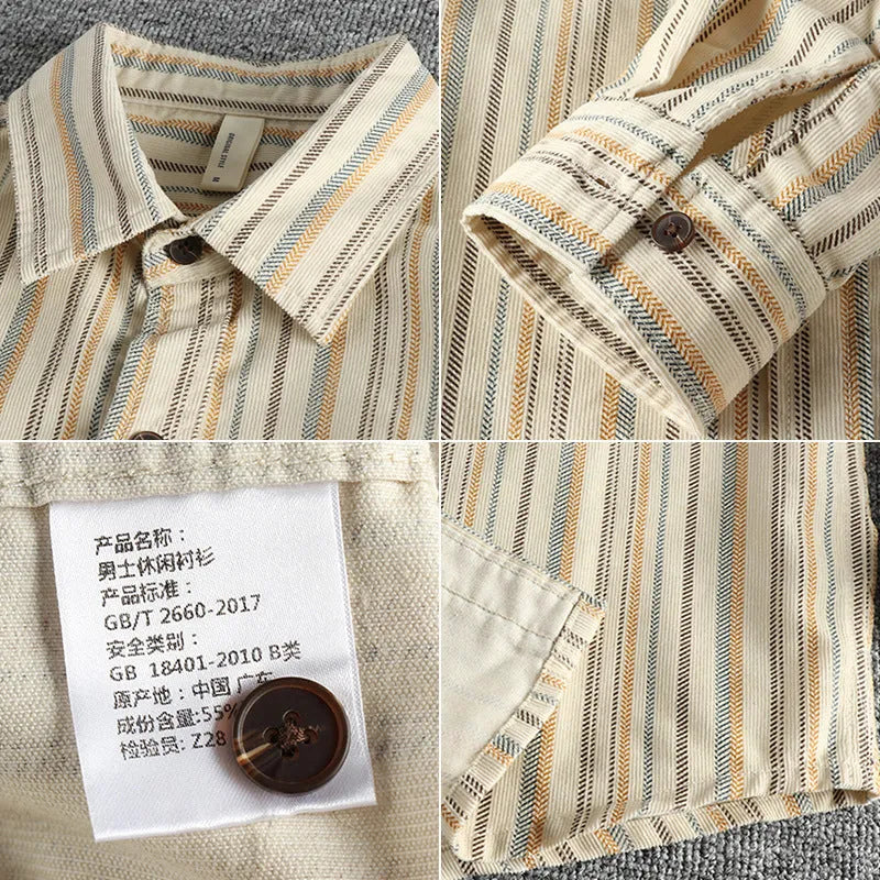 Man wearing a vintage-style striped overalls shirt in apricot colour with long sleeves and loose fit.