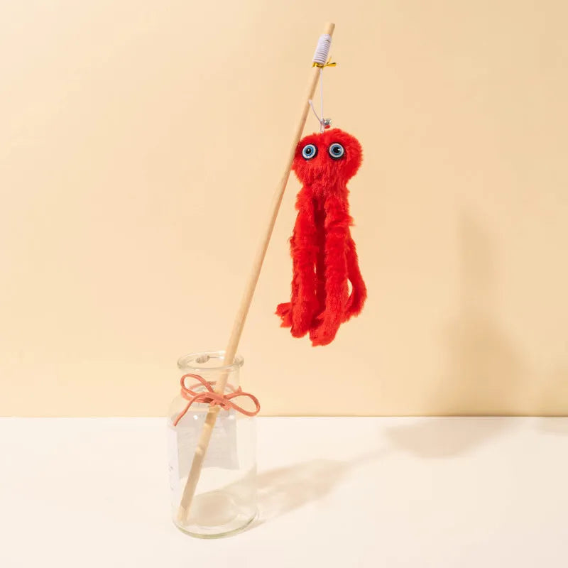 Octopus-themed cat toy with long stick handle and moving eyes for indoor play with kittens