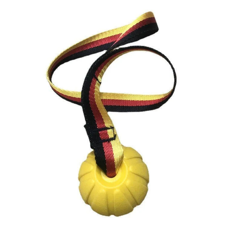 Yellow and camouflage floating EVA foam dog balls with tether strings in three different sizes on a blue background.