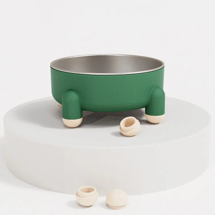 Stainless steel pet bowl with high foot design in green, pink, and white colour options