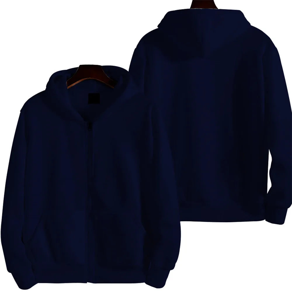 Men's solid colour loose fit zip-front sports jacket on a hanger.