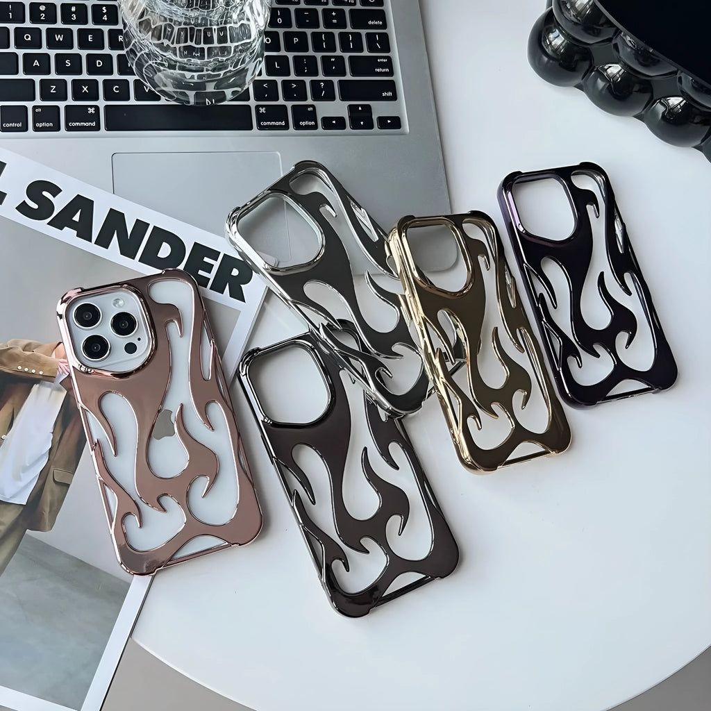 Electroplated hollow flame pattern TPU iPhone case in silver plating shown on a phone.